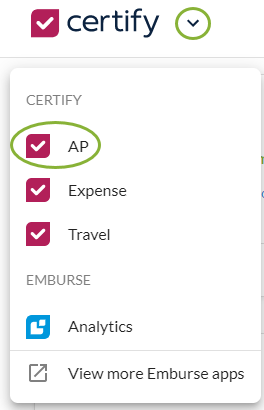 Emburse Professional homepage with dropdown arrow selected to access AP.