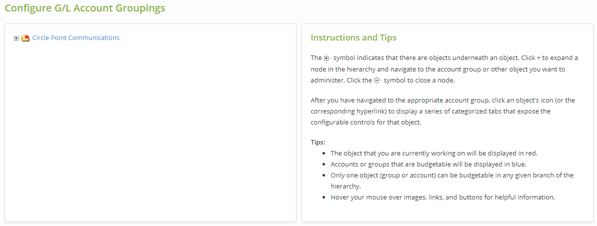 Configure G/L Account Groupings page with navigation panel.
