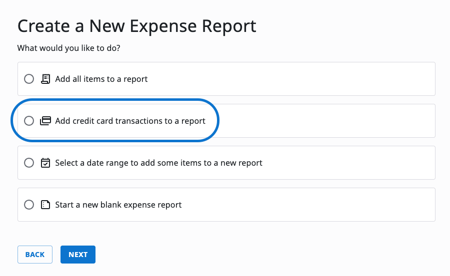 Screenshot of the Card Selection screen showing a list of available company credit cards with checkboxes for selecting one or more cards.