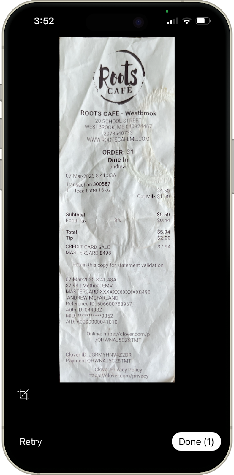 Receipt photo straightened and enhanced for clarity after capture in Emburse Mobile