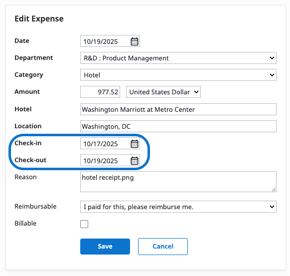 Screenshot of a hotel receipt in Emburse Professional showing automatically captured Check-In and Check-Out dates populated in expense fields.