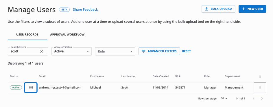 Manage Users page showing new credit card icon beside user names who have assigned corporate cards.