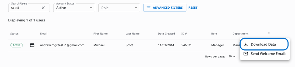 Exported XLSX report from Manage Users page showing a column indicating whether each user has a card on file.