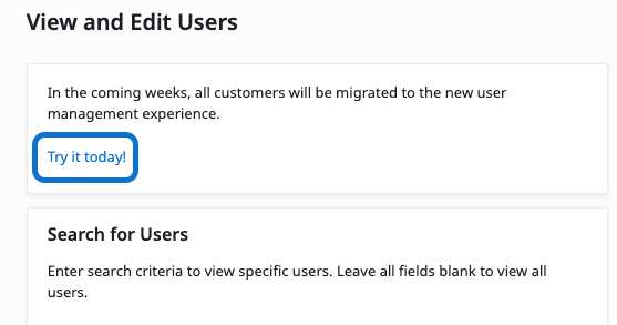 Screenshot of Manage Users configuration page showing Try it today link for beta experience toggle.
