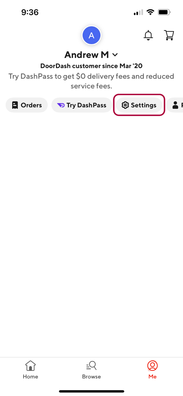 DoorDash navigation showing the Me tab