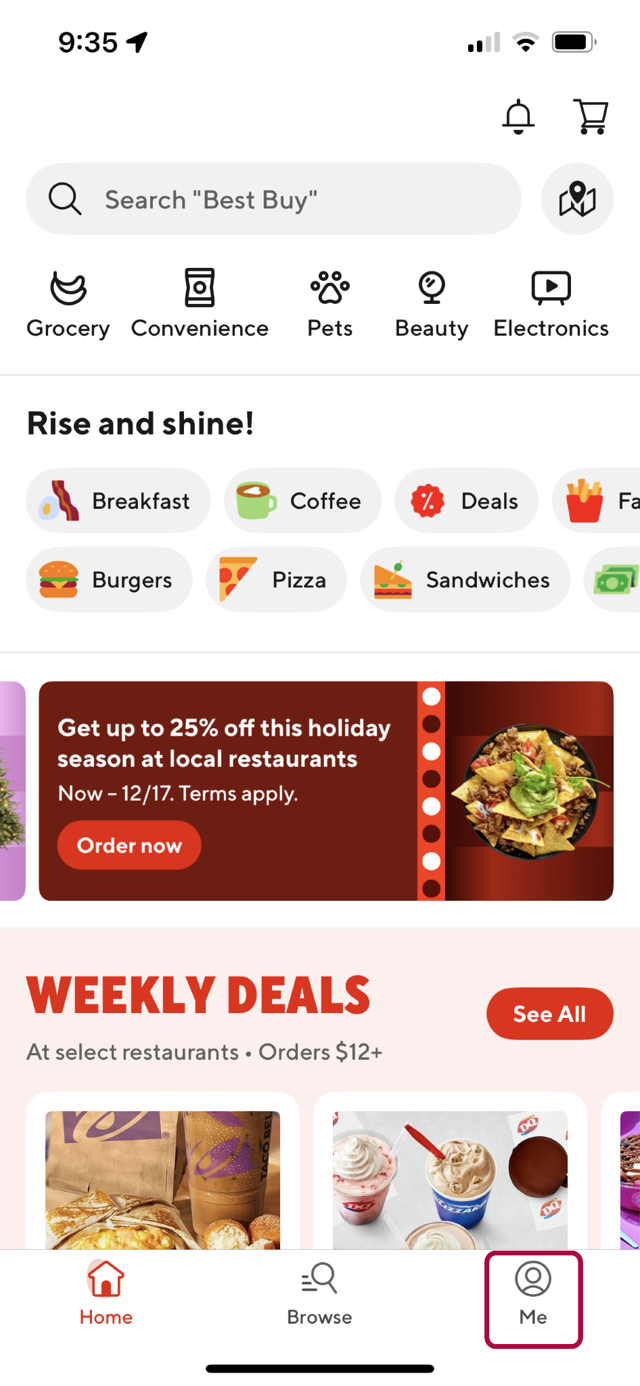 DoorDash app home screen