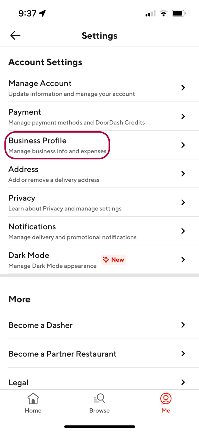 DoorDash Account Settings screen highlighting Business Profile