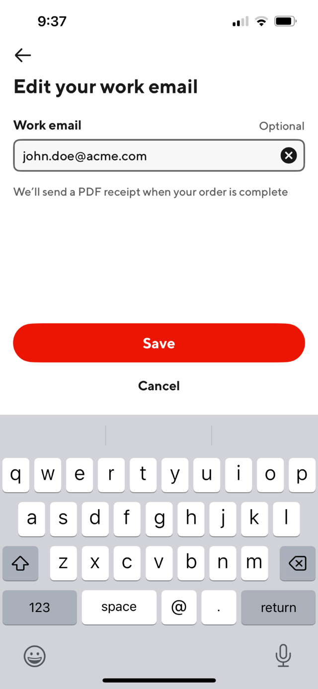 Business Profile screen with Work email field