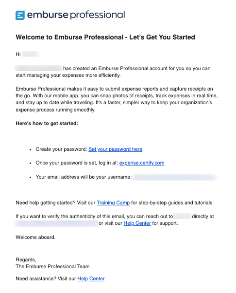 Emburse Professional email invitation showing the Set your password link.