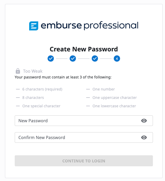 Password setup screen showing password requirements and Continue to Login.