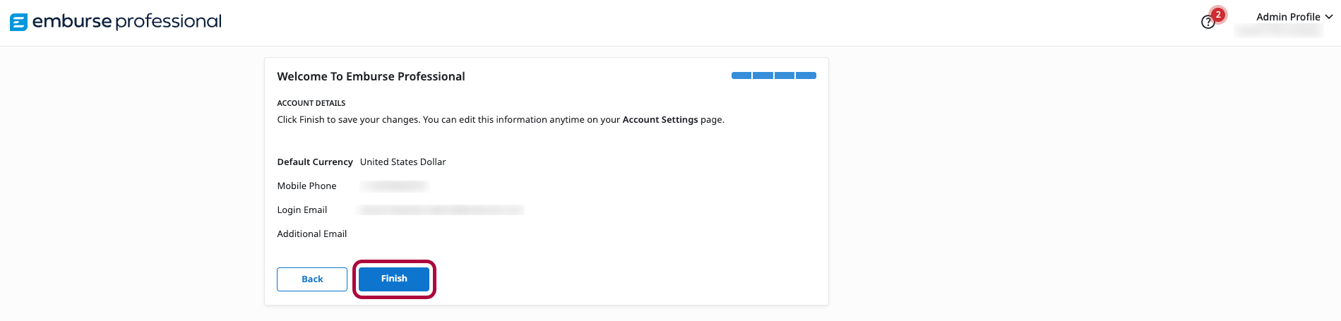 Review information screen with a Finish button.