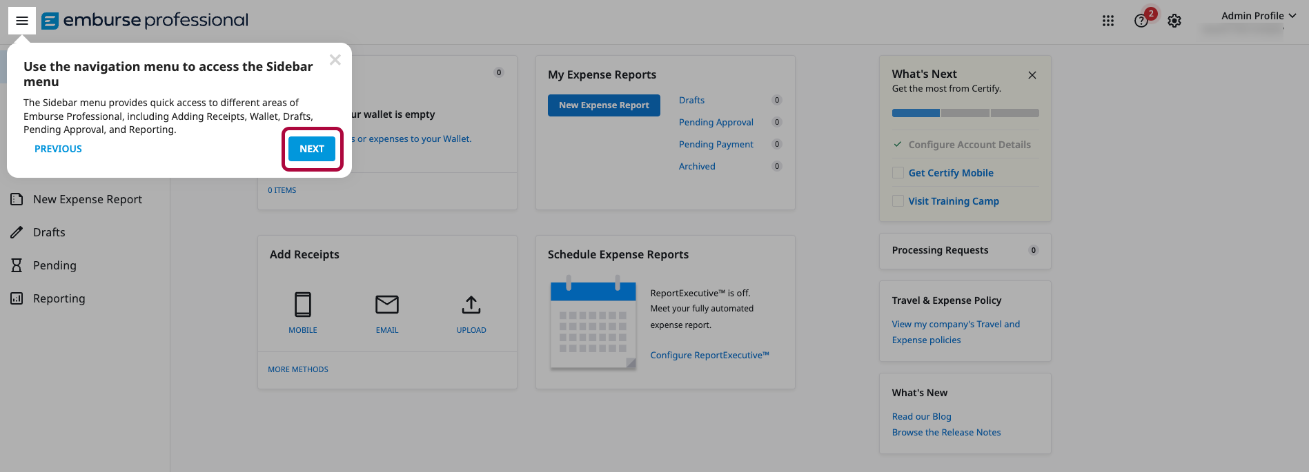 Onboarding screen explaining the navigation menu and sidebar access in Emburse Professional.