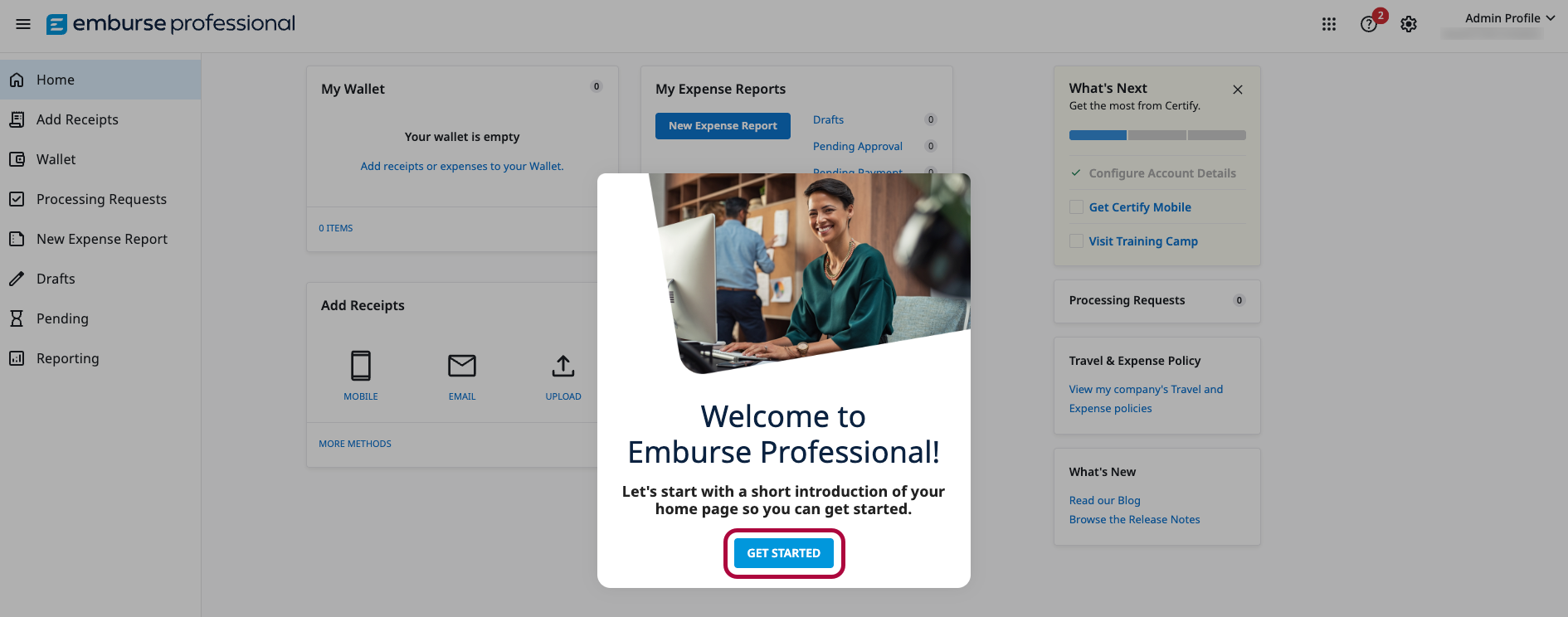 Welcome to Emburse Professional onboarding screen prompting you to get started.