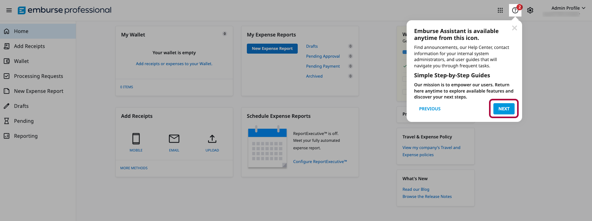 Onboarding menu showing options such as Configure Report Executive, Emburse Assistant, and What’s New.