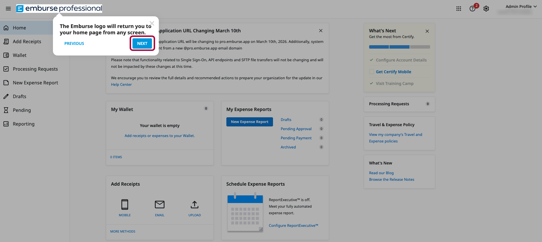 Emburse Professional home page showing the left navigation menu and a product walkthrough tooltip highlighting the Emburse logo, with Previous and Next buttons visible.
