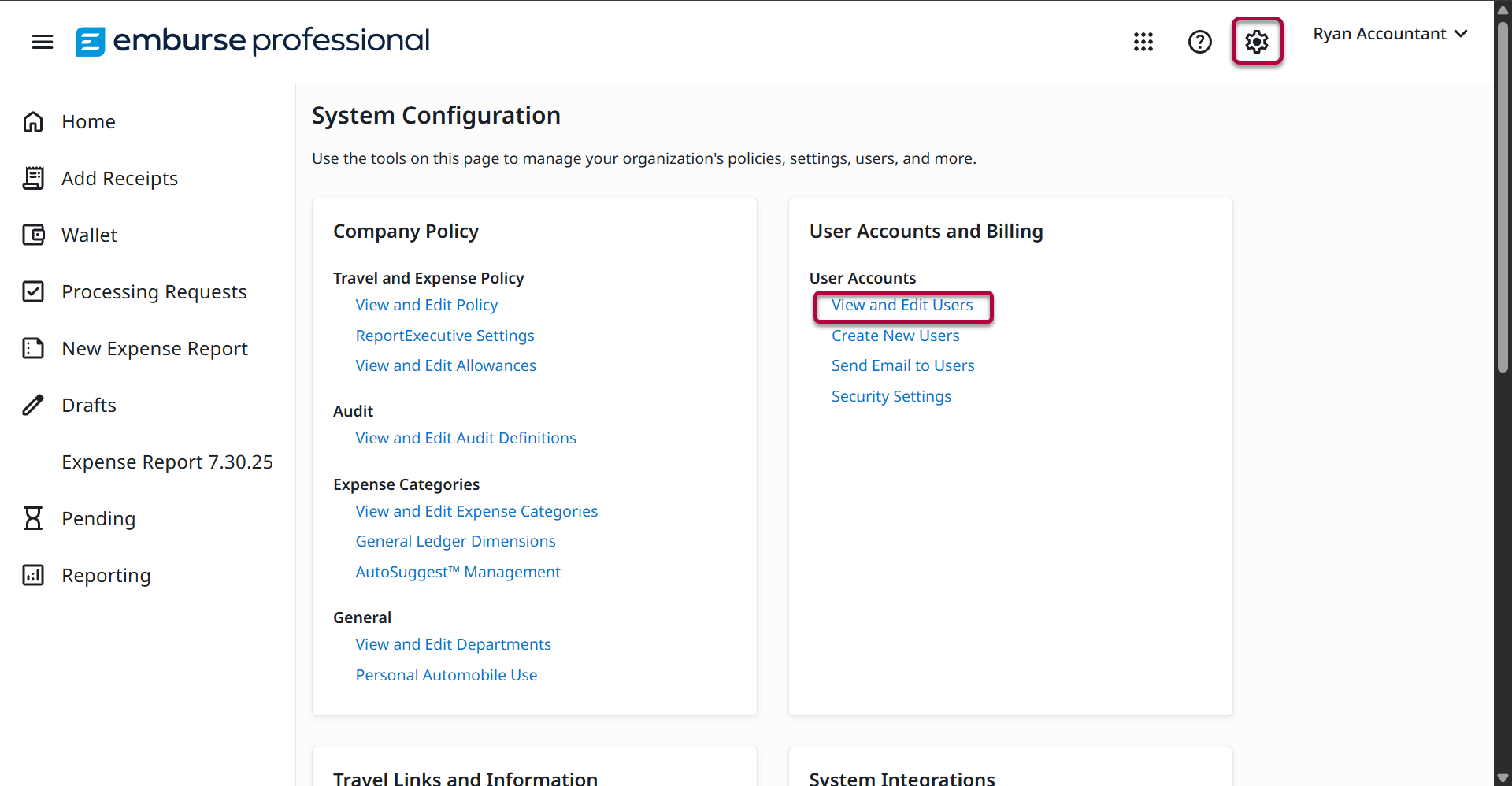 System Configuration page with the Gear button selected.