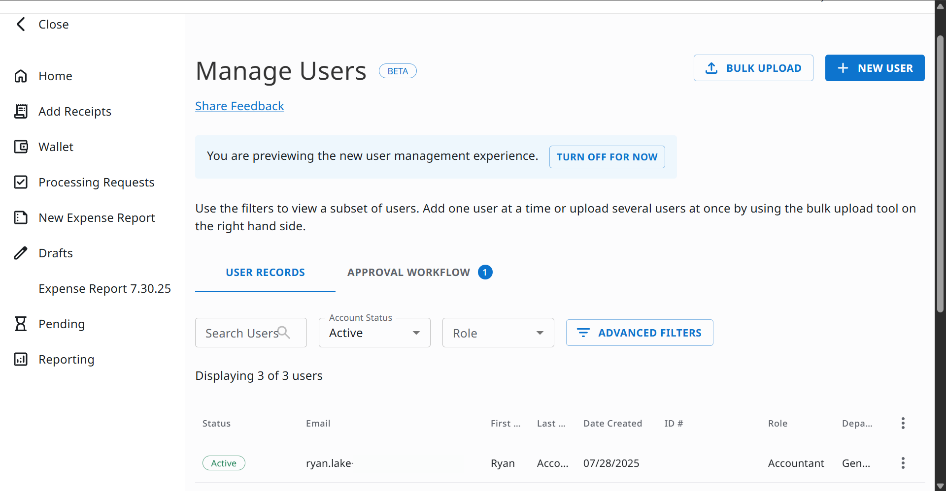 User Accounts and Billing section with Manage Users highlighted.