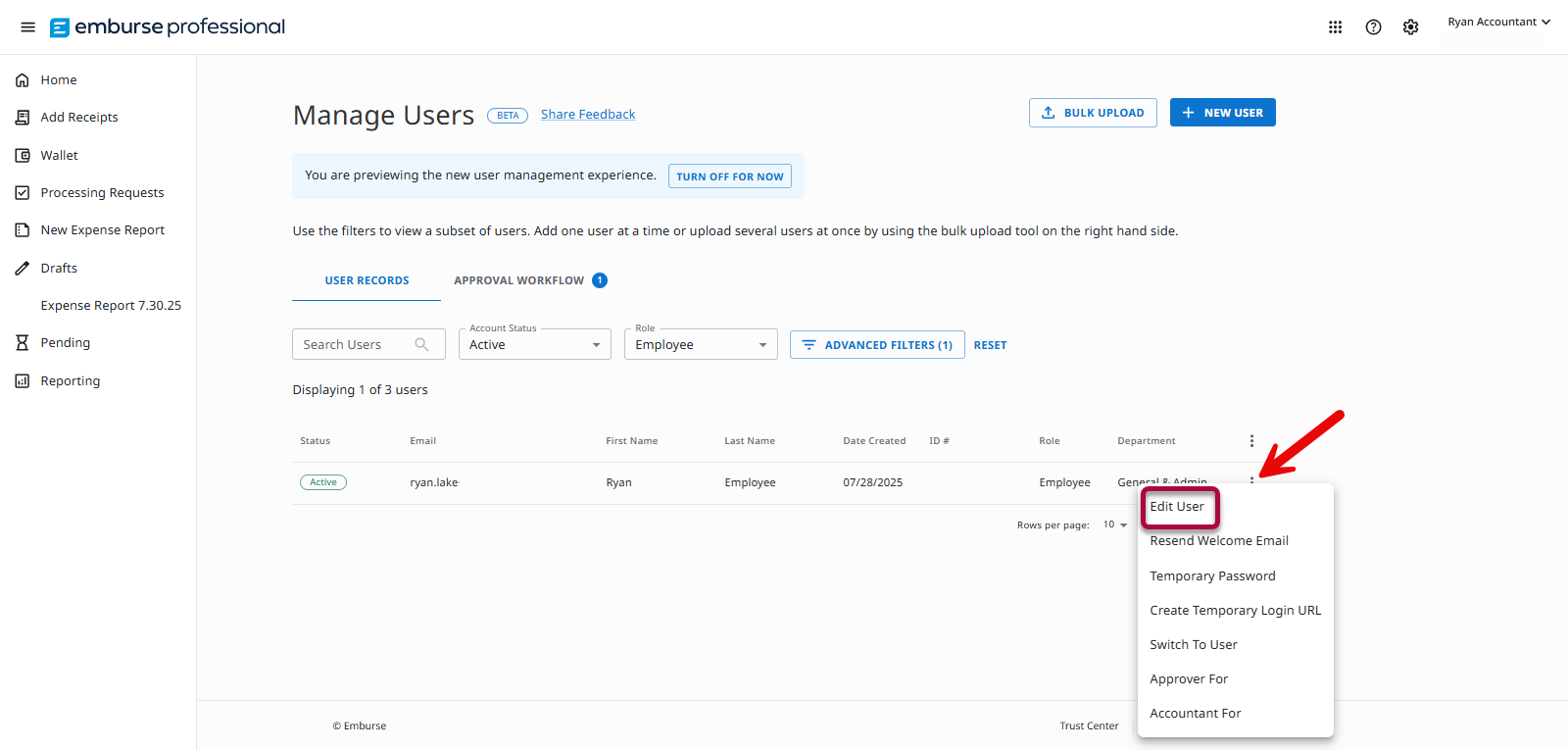 More Actions menu with Edit User available for a user row.