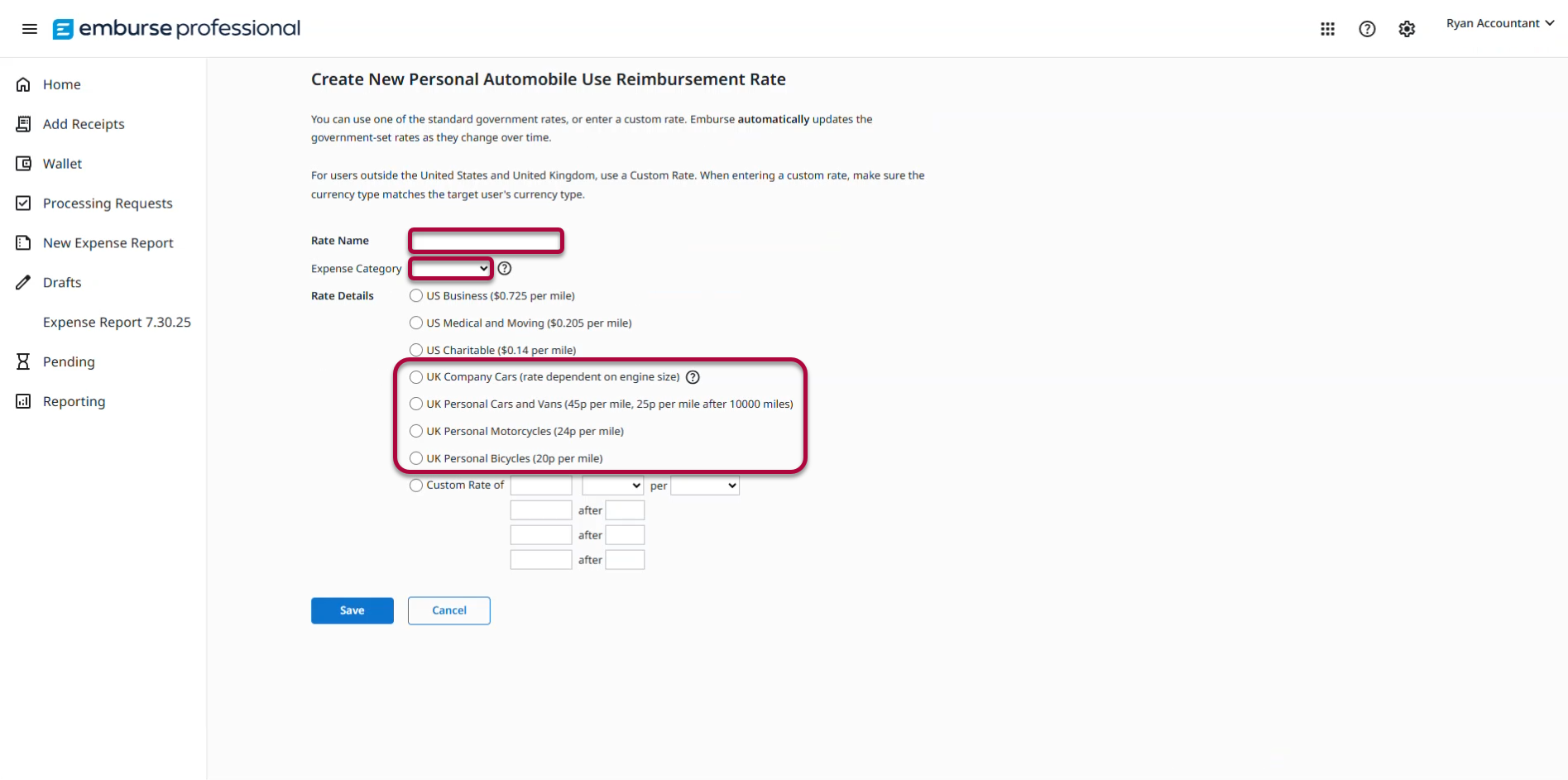 Mileage rate details screen showing UK rate options and secondary rate after 10,000 miles.