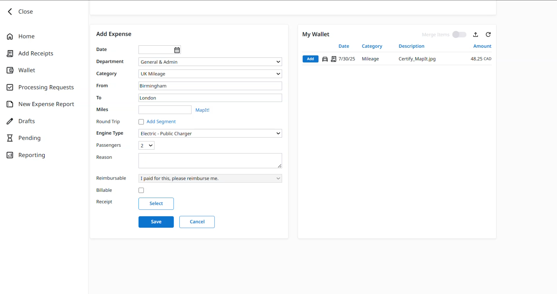 Expense form showing the Date field.