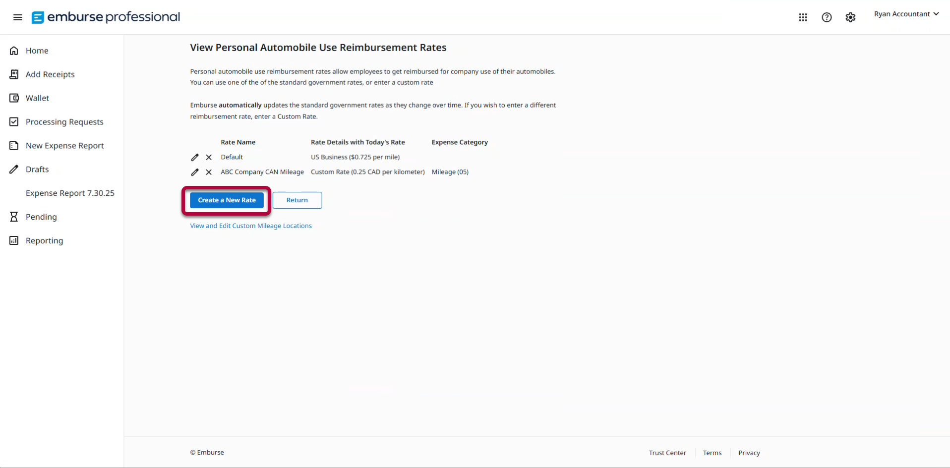 Personal Automobile Use page showing Create a New Rate button.