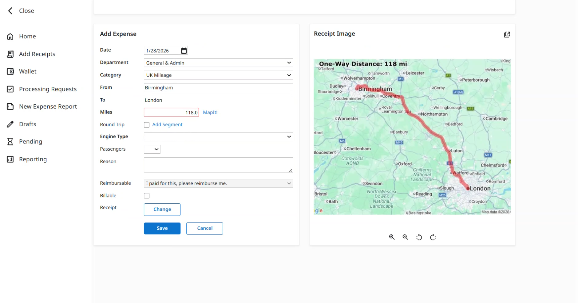 Mileage expense entry showing From and To fields with Round Trip and MapIt options.