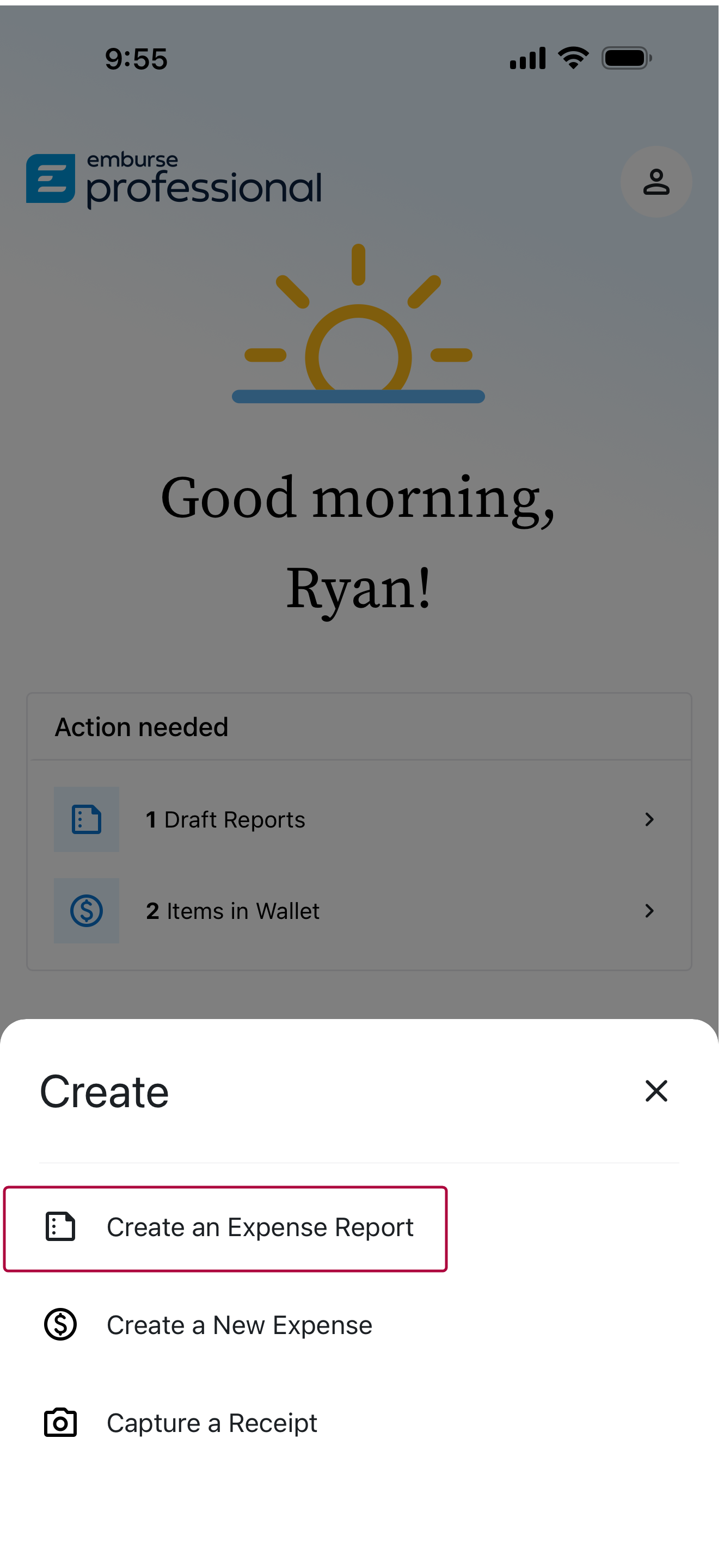 Create Expense Report screen in the mobile app