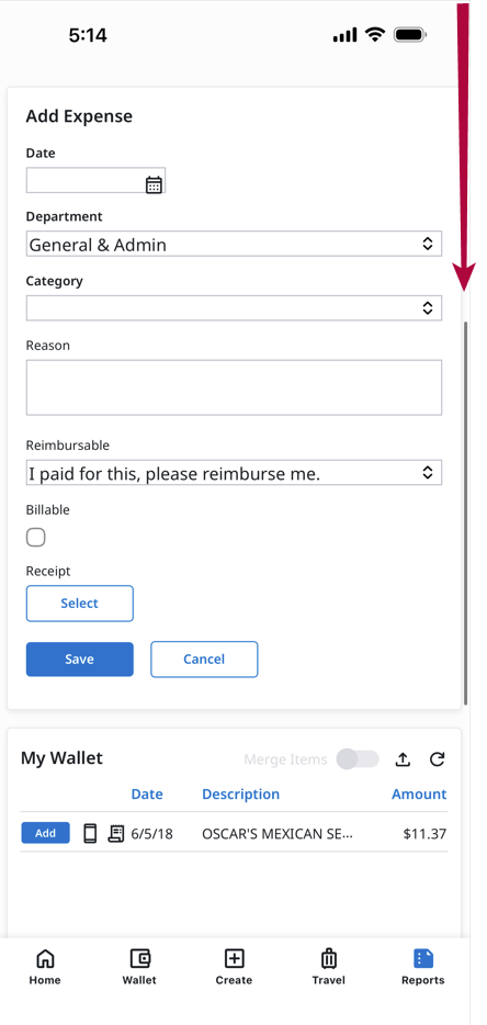 Add Expense form showing Reimbursable dropdown, Receipt Select button, and Save button
