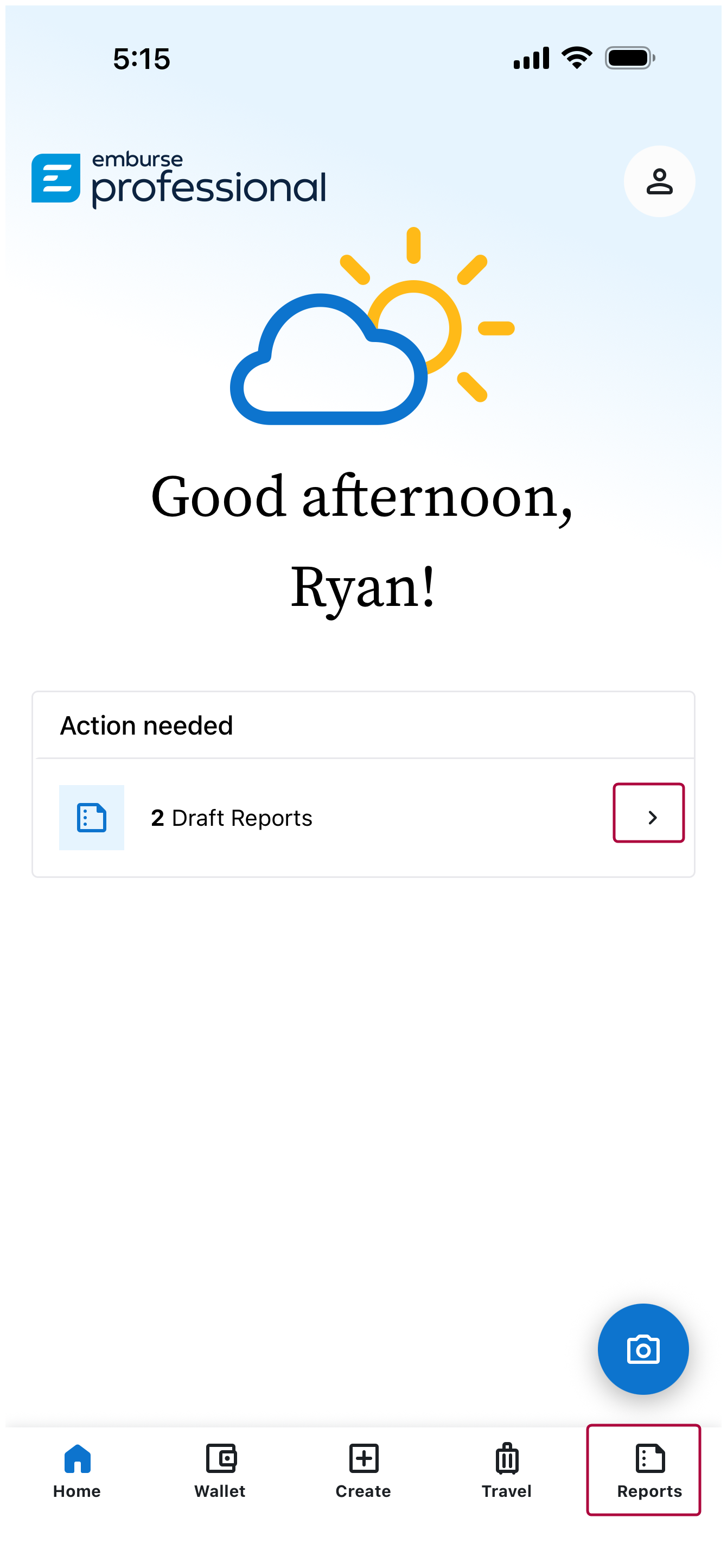 My Expense Reports page displaying Draft reports with totals