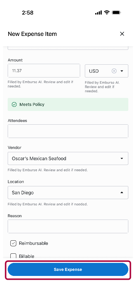 Save Expense button on New Expense Item screen