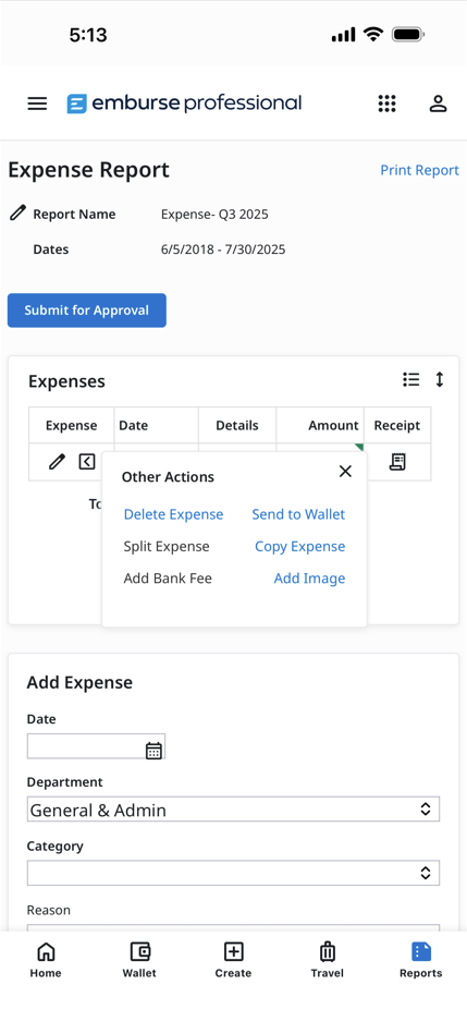 Expense actions menu with options including Delete Expense, Send to Wallet, and Add Image