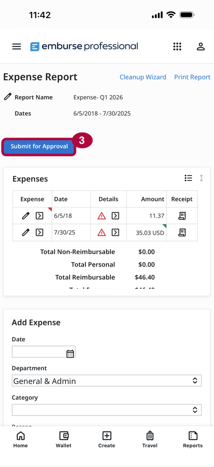 Submit for Approval button on Expense Report page