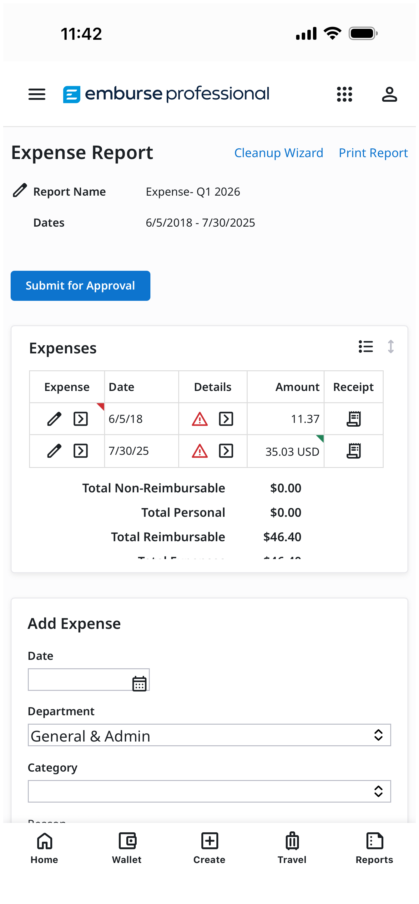 Expense Report page showing report name, dates, and Submit for Approval button