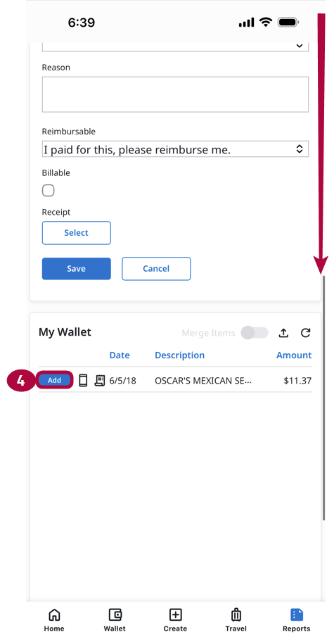 My Wallet section displaying saved expense with Add button