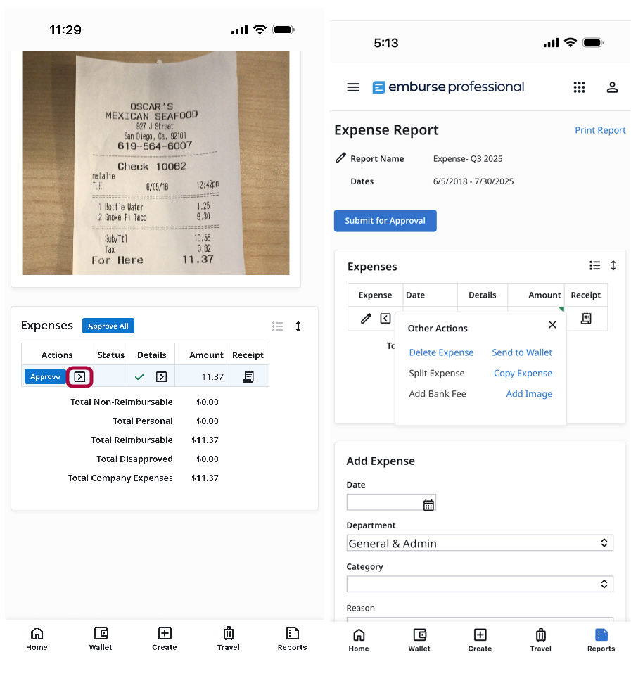 Actions menu options for an expense item in the mobile app