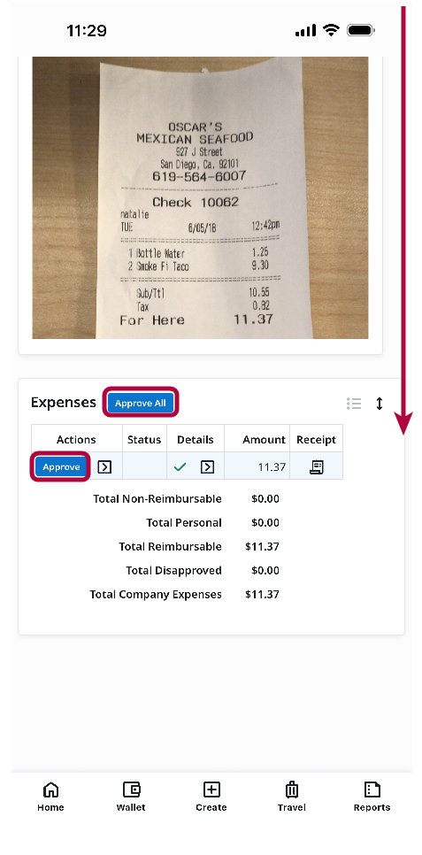 Approve button beside individual expense items