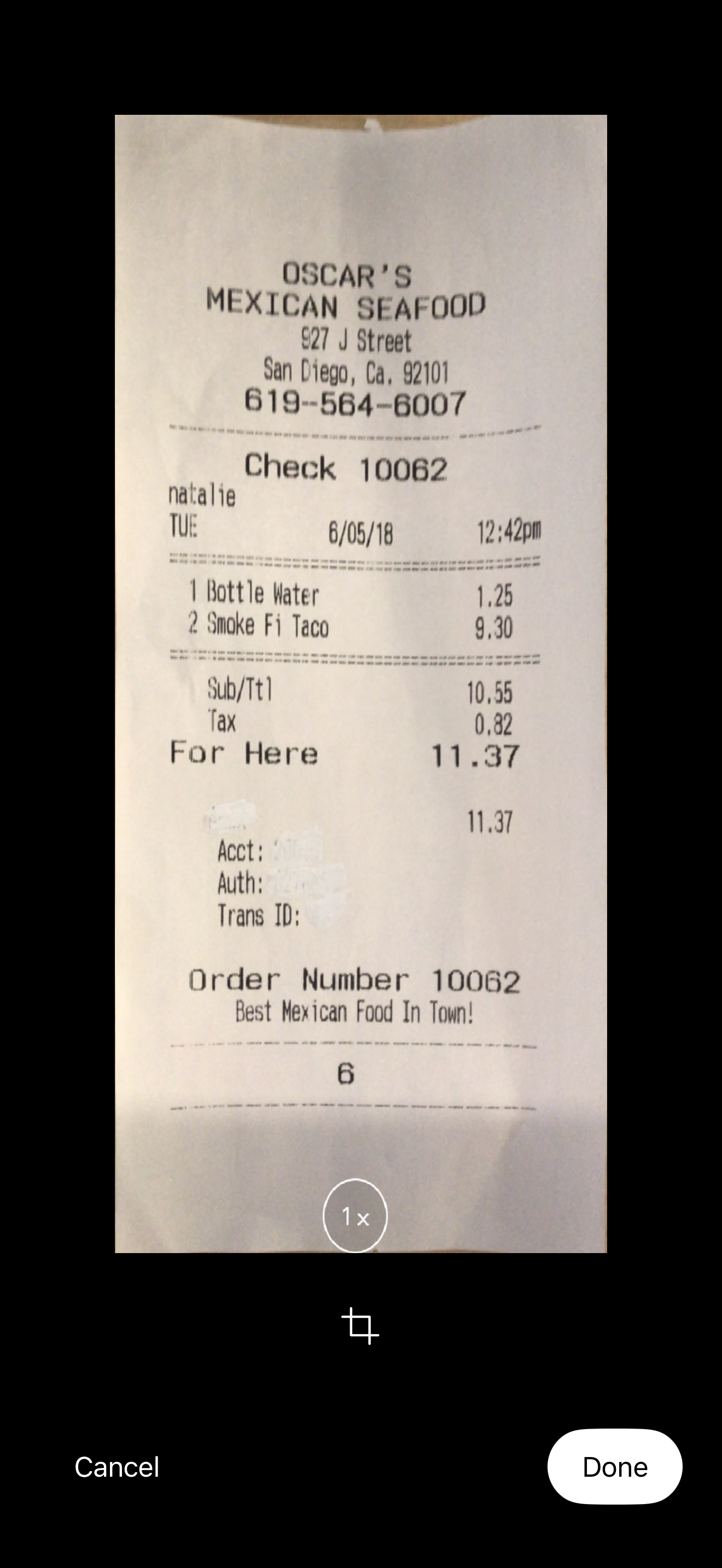 Done button after capturing receipt image