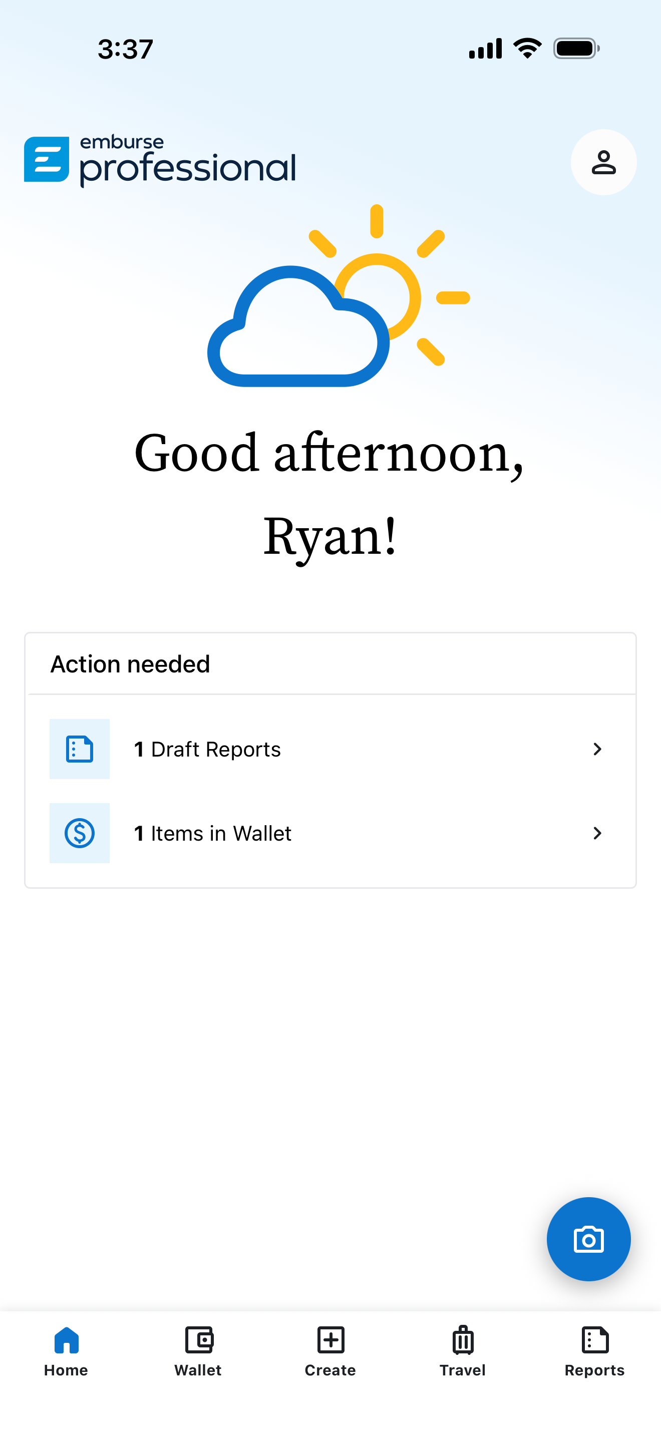 Home screen of the Emburse Professional mobile app