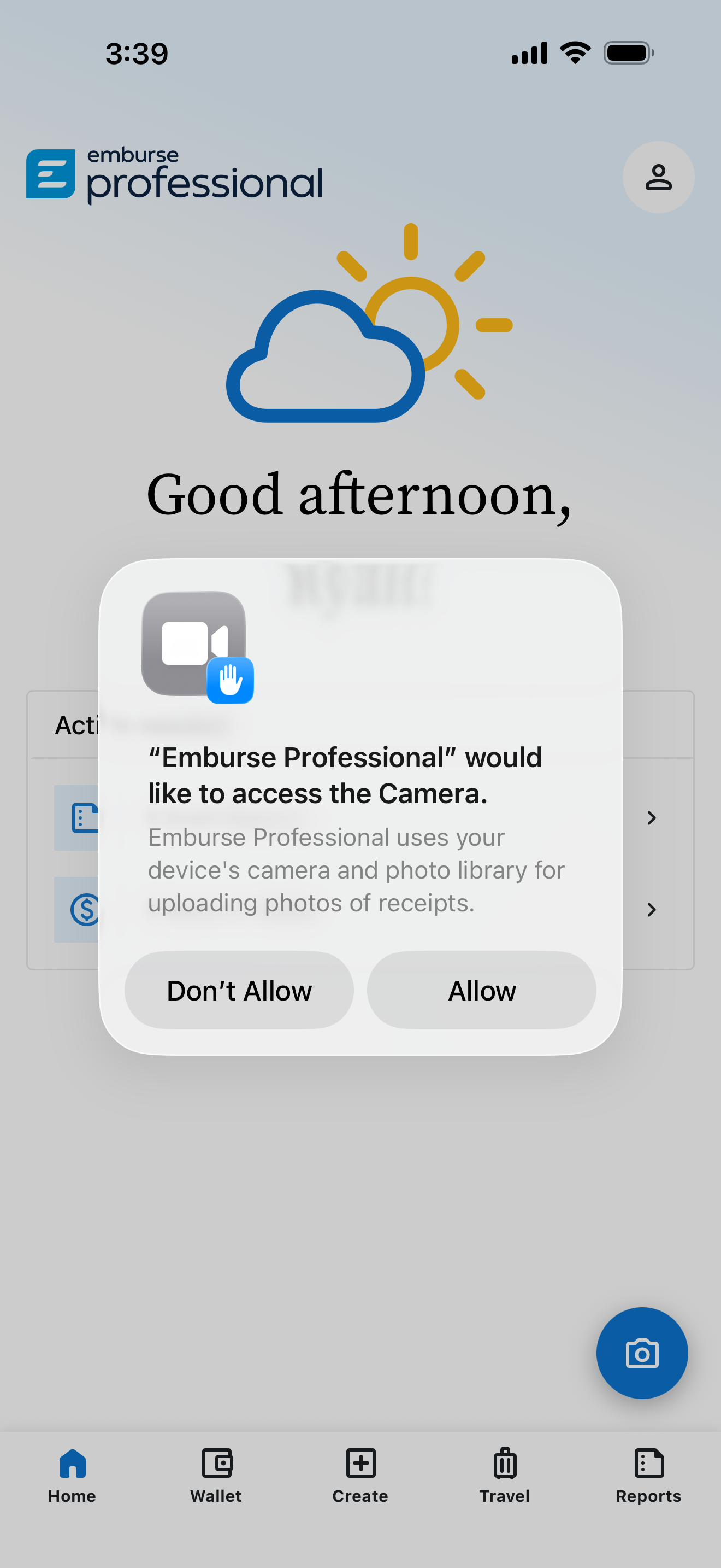 Camera permission prompt on mobile device