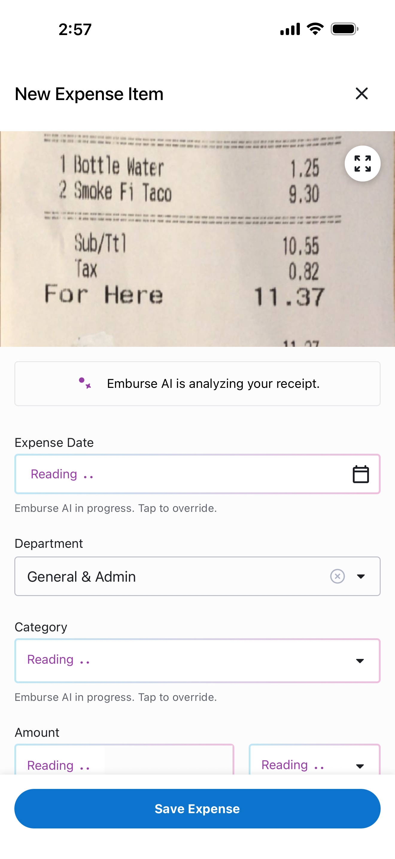 New Expense Item screen with receipt preview and autopopulated fields