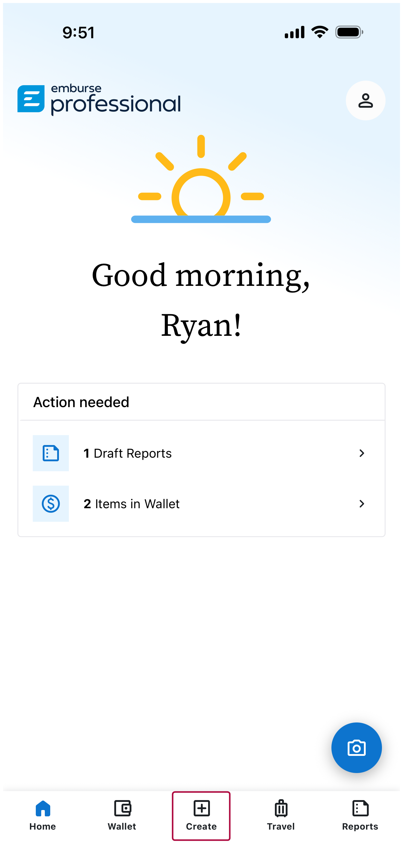 Home screen with Create in the bottom navigation highlighted