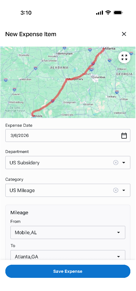 Mileage expense example showing From, To, Miles, and Generate Map fields