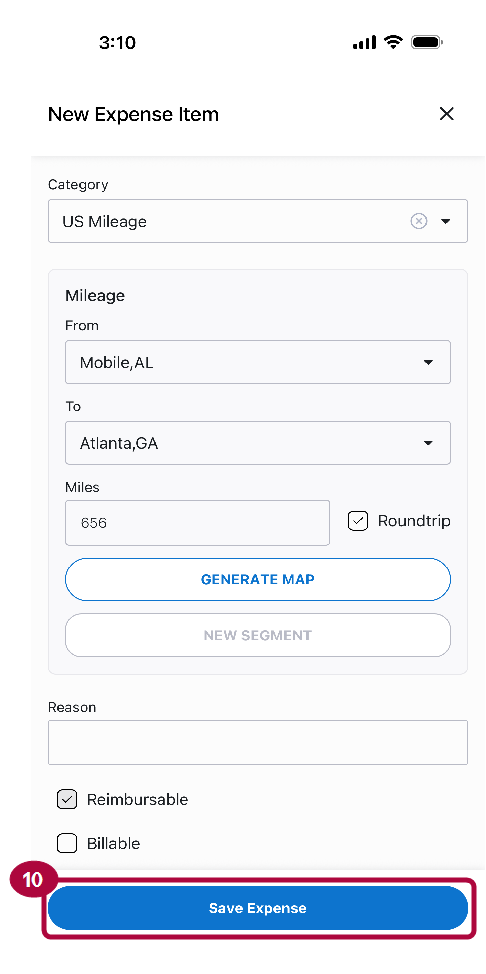 Save Expense button on the New Expense Item screen