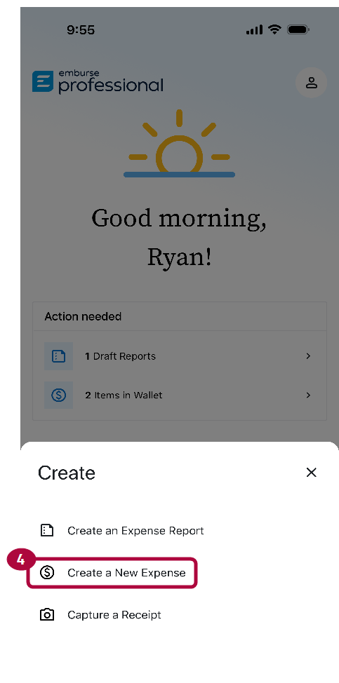 Create menu with Create a New Expense option highlighted