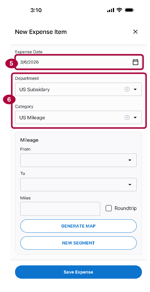 New Expense Item screen showing Expense Date, Department, and Category fields
