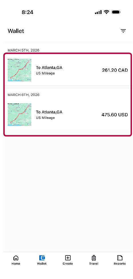 Emburse Wallet screen displaying a list of expense items.