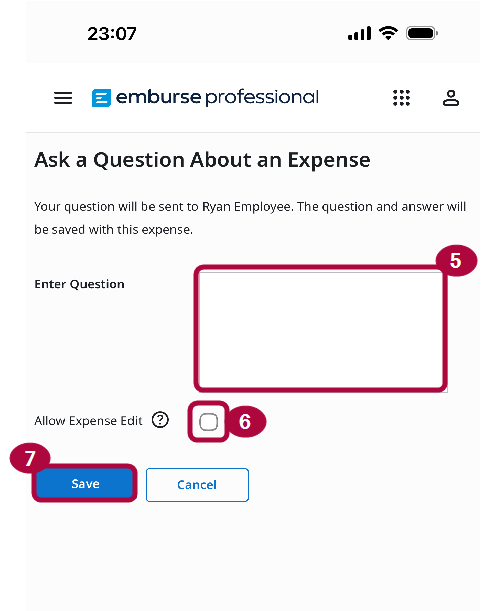 Expense Inquiry screen with Enter Question field and Save button