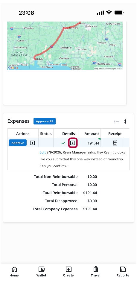 Expense Inquiry screen showing approver question