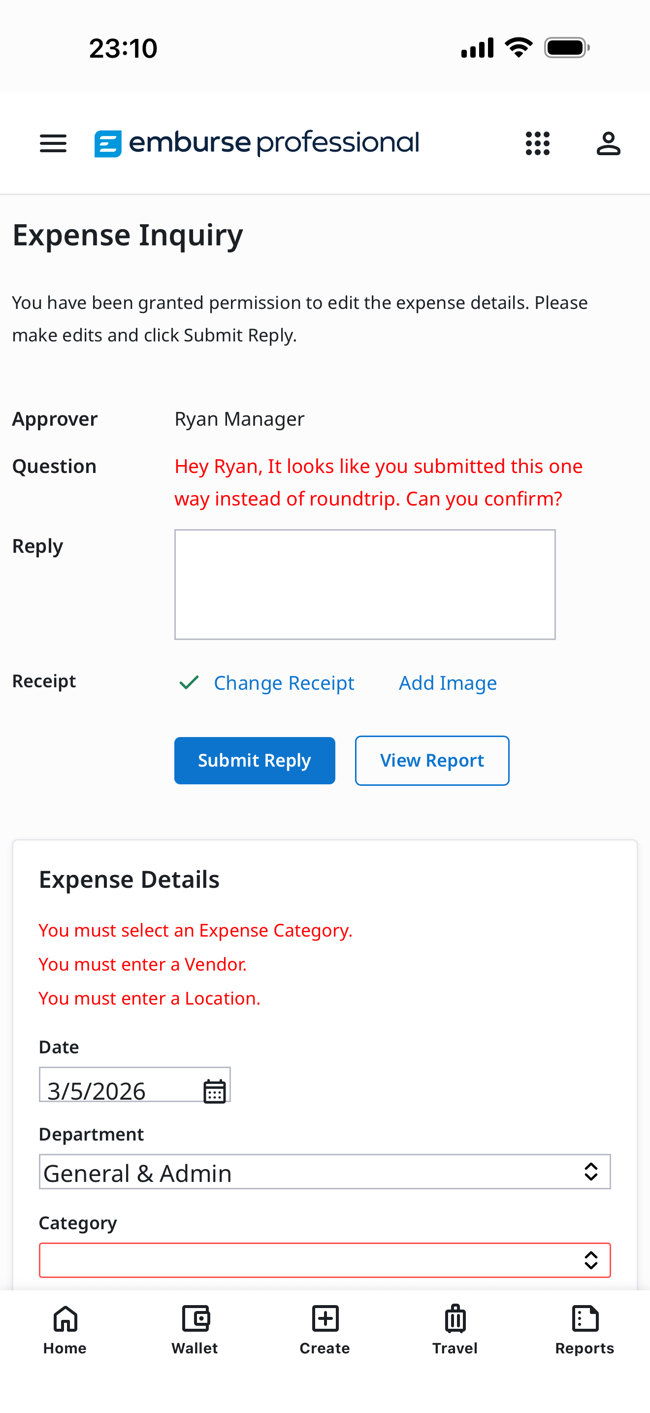 Reply field and Submit Reply button on Expense Inquiry screen