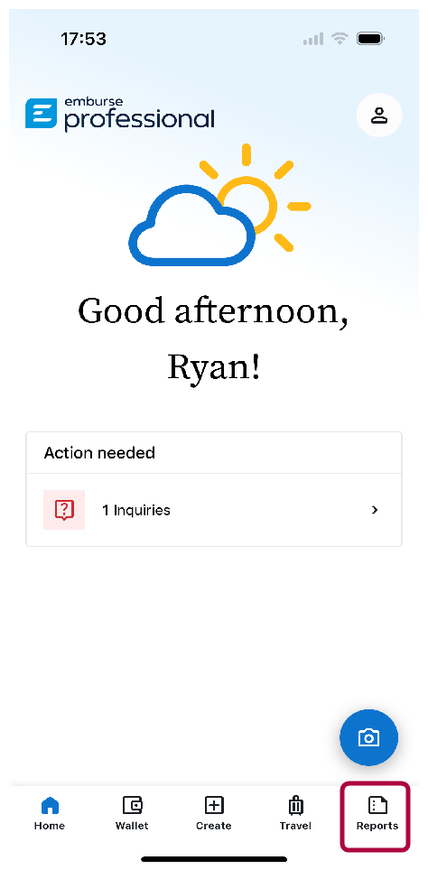 Reports button in the bottom navigation of the Emburse Professional mobile app